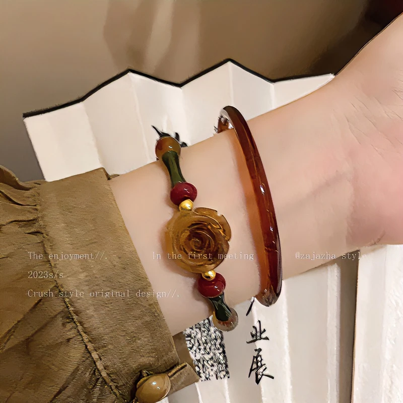 非金属树脂手镯  新中式玫瑰花朵串珠手镯女2024新款爆款显白手链
