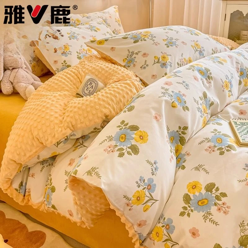 V/雅鹿冬季加厚牛奶绒被套单件A面纯棉全棉B面加绒被罩单双人被单