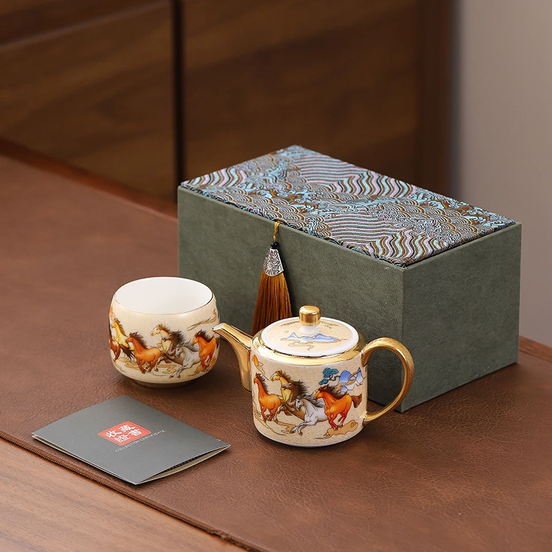 羊脂玉瓷鎏金泡茶壶一壶一杯茶具家用旅行办公礼品陶瓷文创小套组