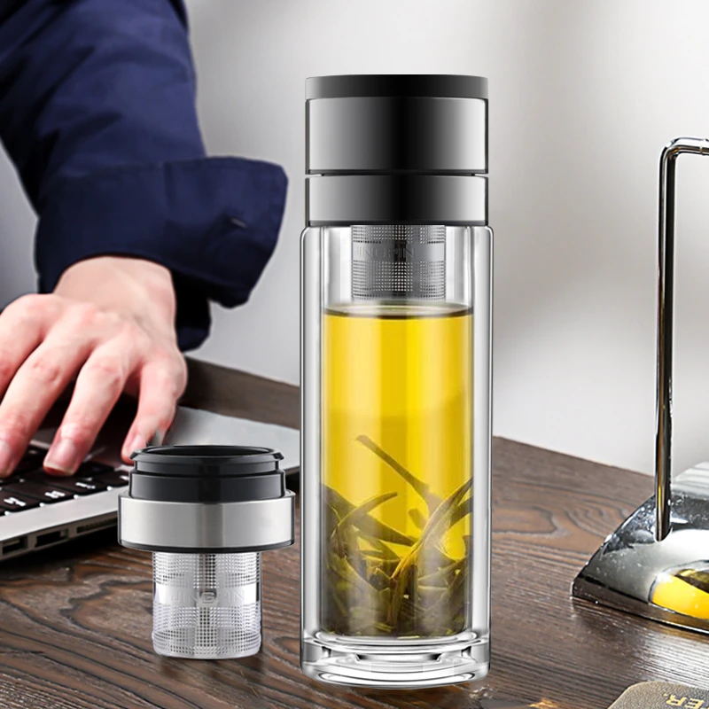 第三代钢盖按键开盖杯茶水分离高硼硅玻璃车载杯