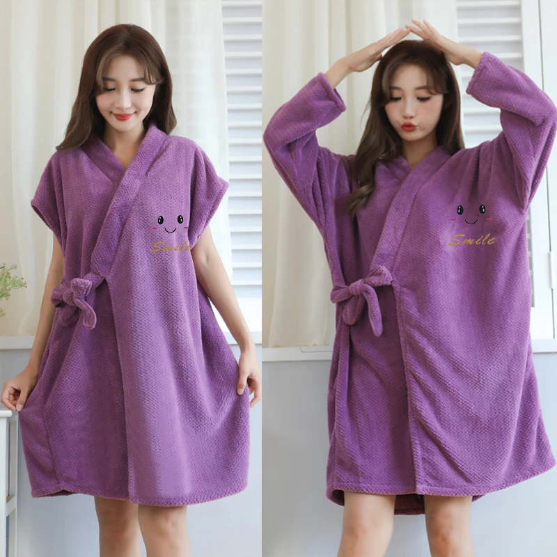 新款可穿式浴袍洗澡浴裙长袖加厚吸水女冬秋季家用绑带浴巾珊瑚绒