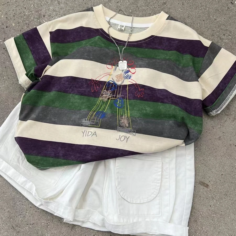 【小向子专属】 儿童夏装韩版手绘短袖t男童涂鸦条纹宽松半袖上衣潮