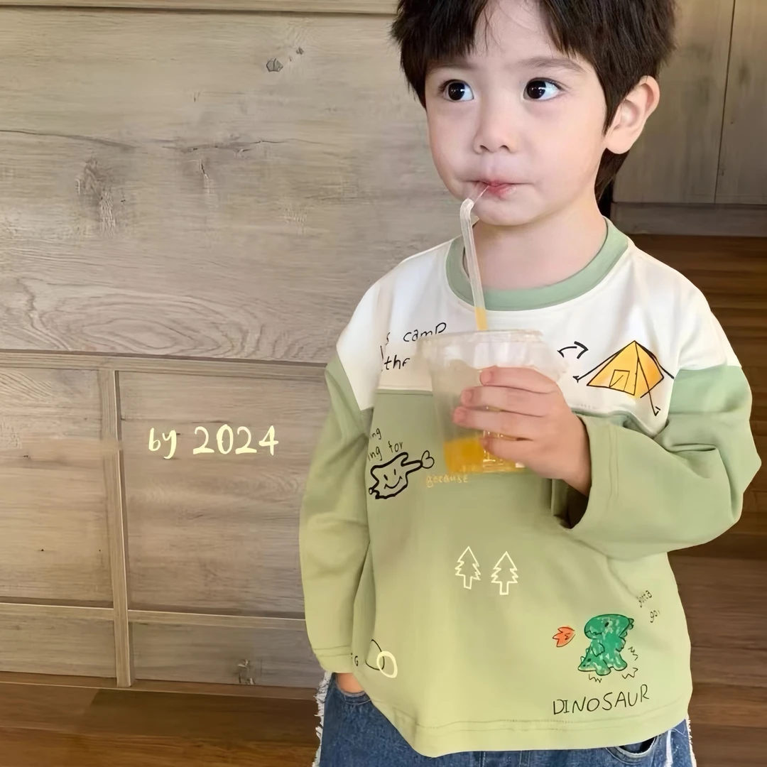 儿童长袖T恤春秋季韩版宝宝卡通印花打底衫中小童拼接上衣秋装潮