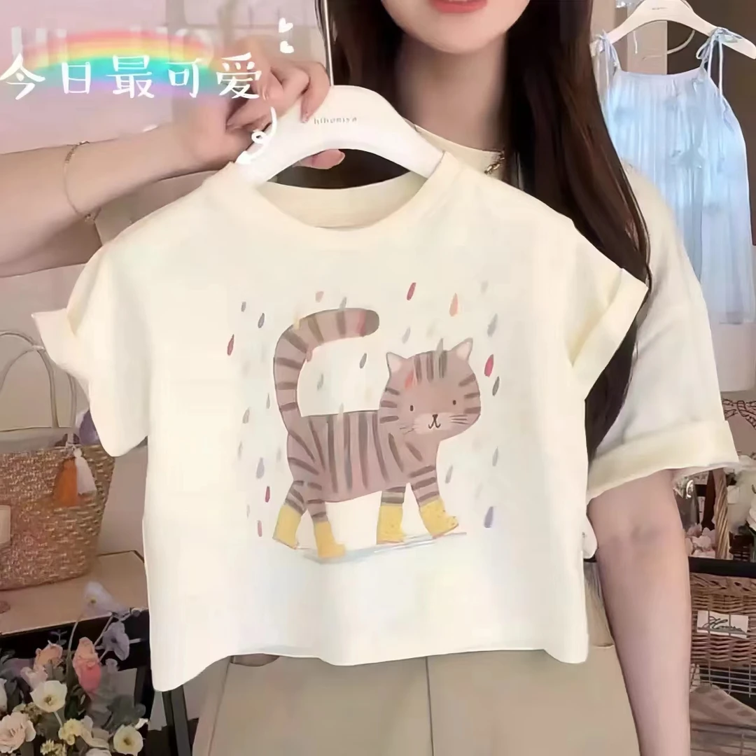 男女童短袖T恤夏季薄款卡通猫咪ins印花圆领宽松休闲上衣百搭半袖