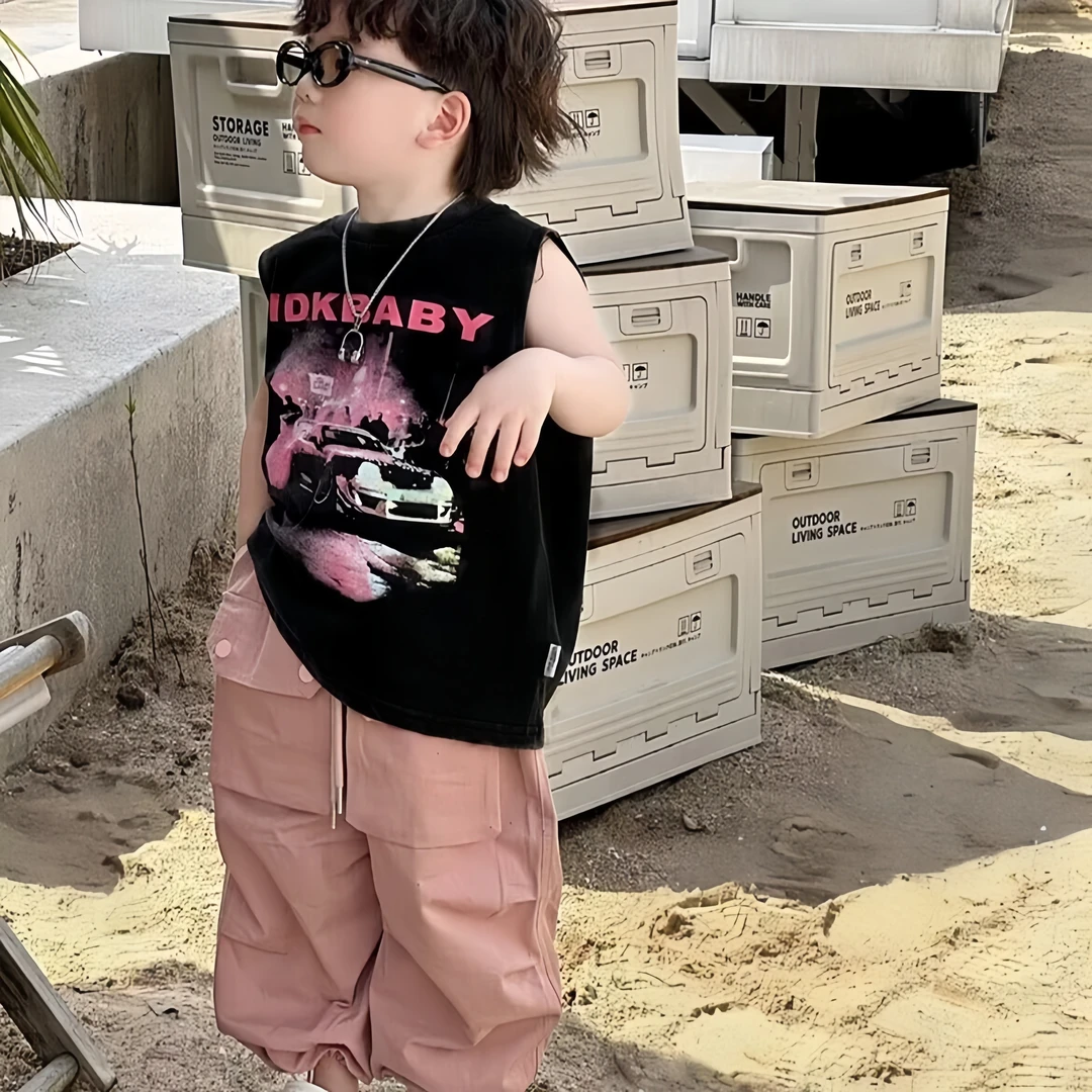 男童无袖背心夏季新款儿童韩版时髦洋气字母印花中小童粉色上衣潮