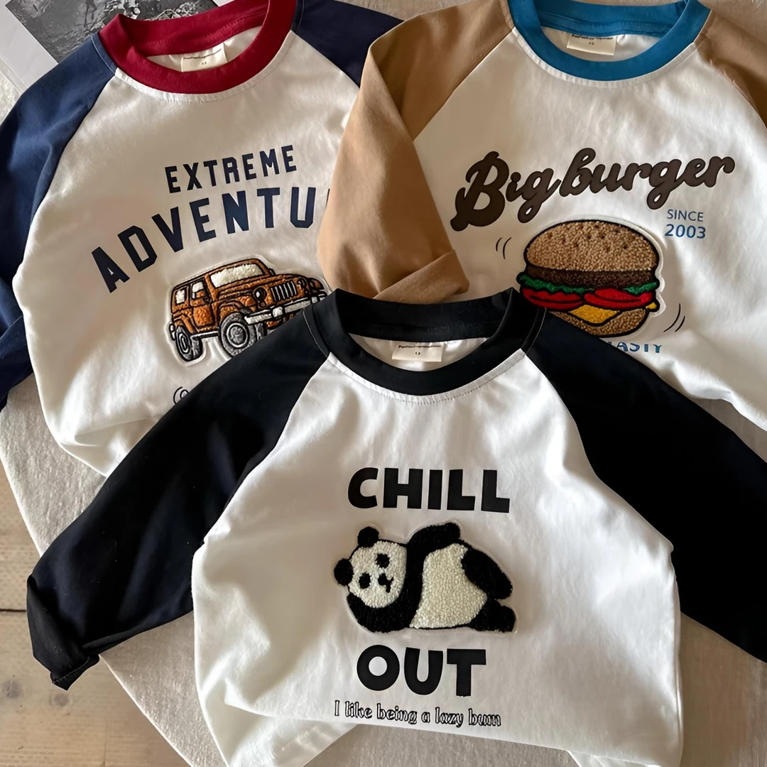 【静姐专属】儿童长袖t恤春秋男童卡通刺绣上衣女童插肩袖打底衫