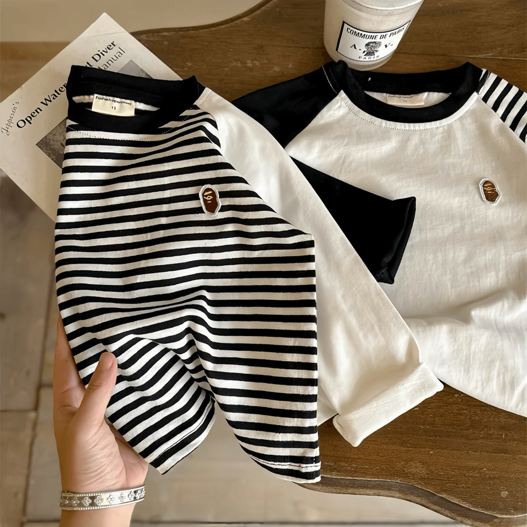 儿童T恤打底衫男童休闲上衣春季新款宝宝插肩卡通潮牌条纹长袖T潮