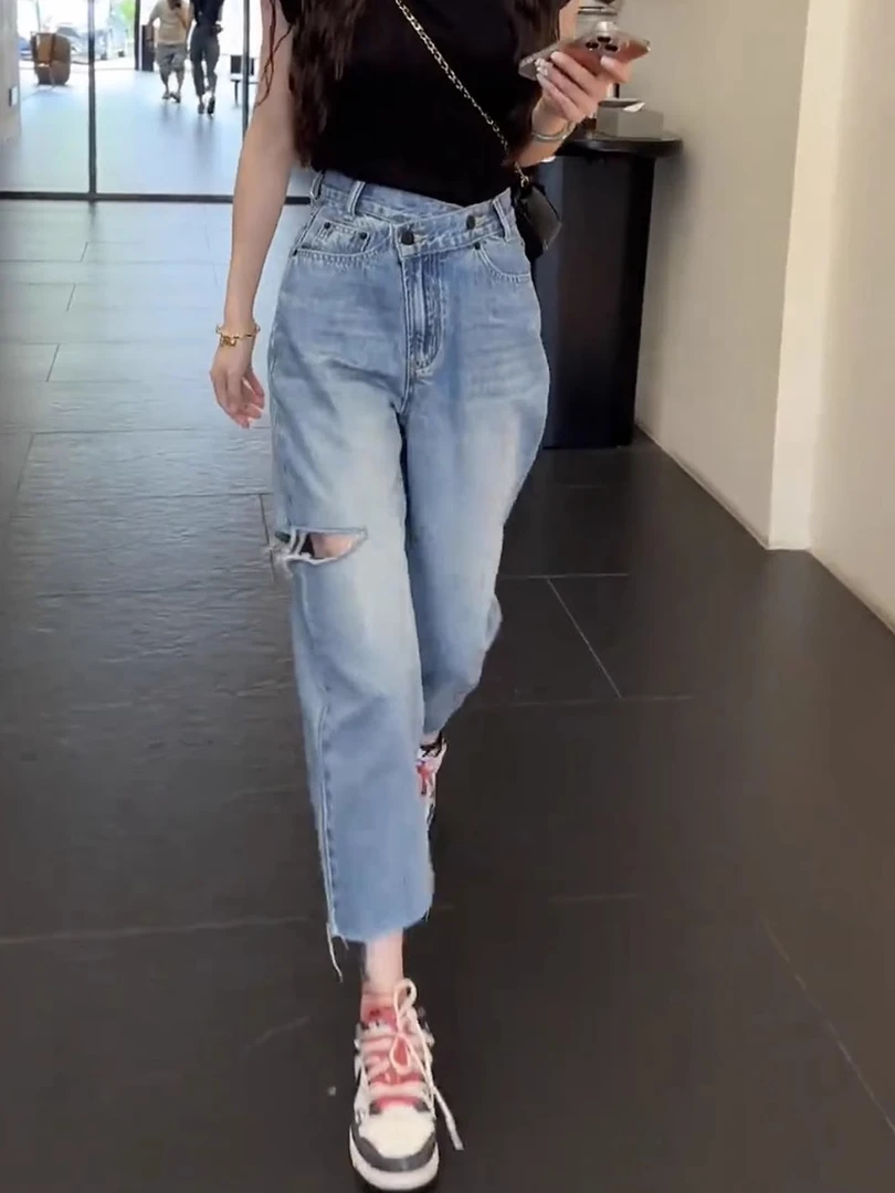 2025夏季薄款高腰九分哈伦牛仔裤大码女装梨型身材显瘦破洞老爹裤