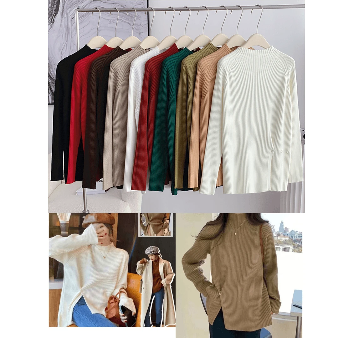 大码女装开叉多色针织衫秋冬套头针织衫纯色百搭