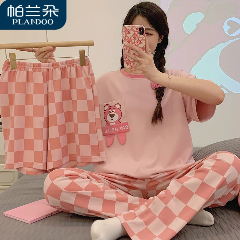 夏季睡衣女短袖长裤三件套薄款可爱卡通草莓熊宽松圆领直播家居服