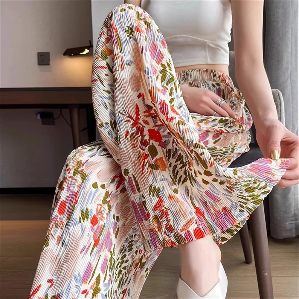 冰丝扎染碎花阔腿裤女夏季薄款彩色慵懒睡裤休闲凉凉沙滩国风裤子