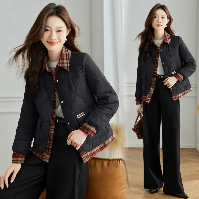 轻薄棉服女士2024秋冬新款格子拼接假两件复古棉衣棉袄休闲小外套