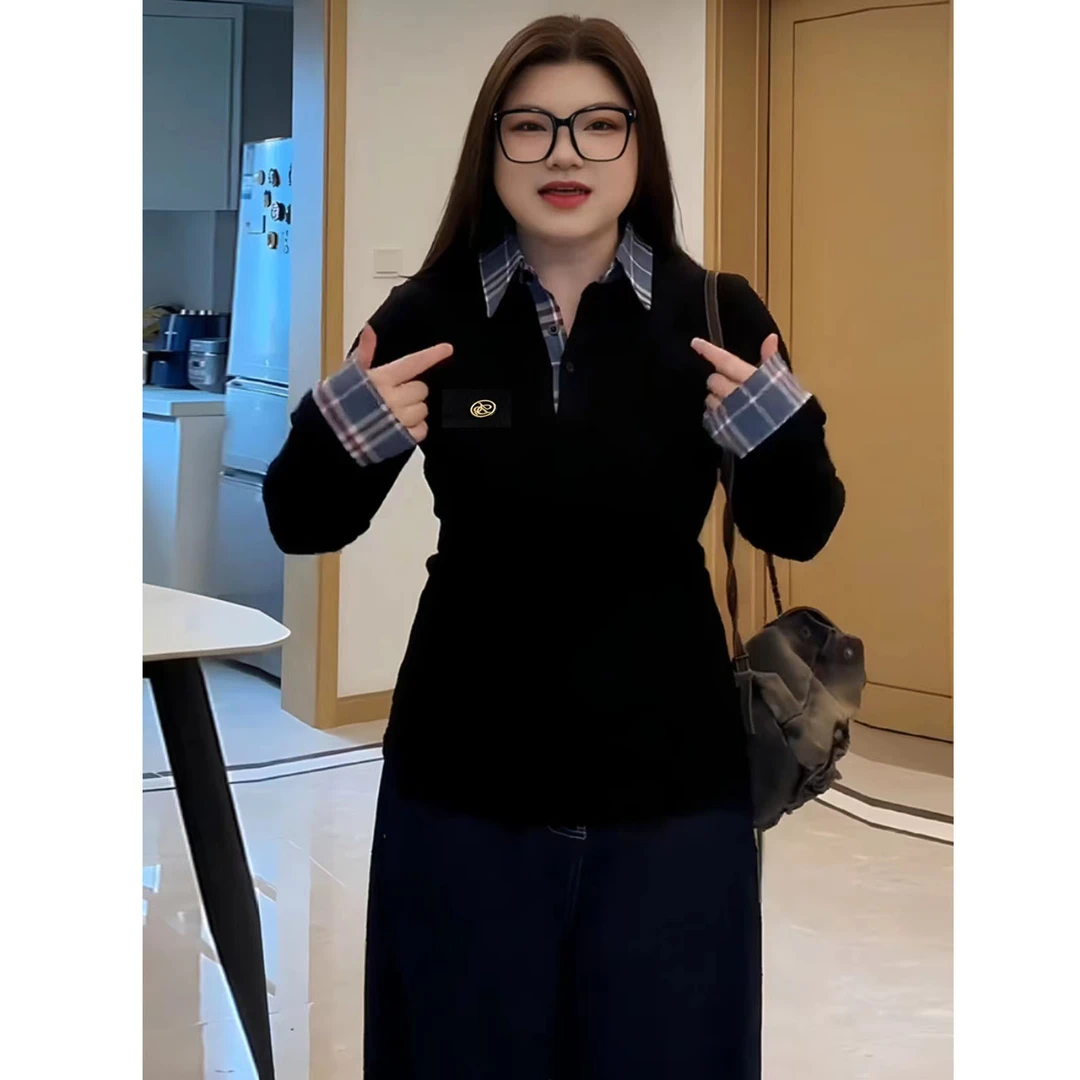 大码假两件拼接格纹polo领针织衫女早秋新款胖mm修身显瘦撞色上衣