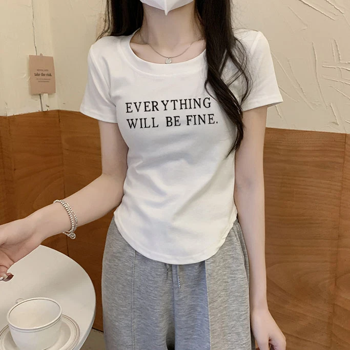 不规则圆领弧形下摆短袖t恤女2023夏季新款修身高腰上衣女短款ins