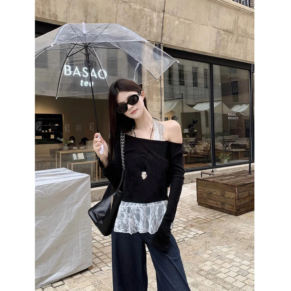 黑色氛围感独特别致漂亮蕾丝挂脖上衣宽松针织衫盐系轻熟两件套装