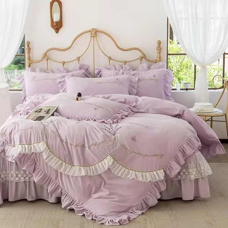 2024新款加厚婴儿绒韩版公主风床盖绣花保暖四件套床上用品-含香