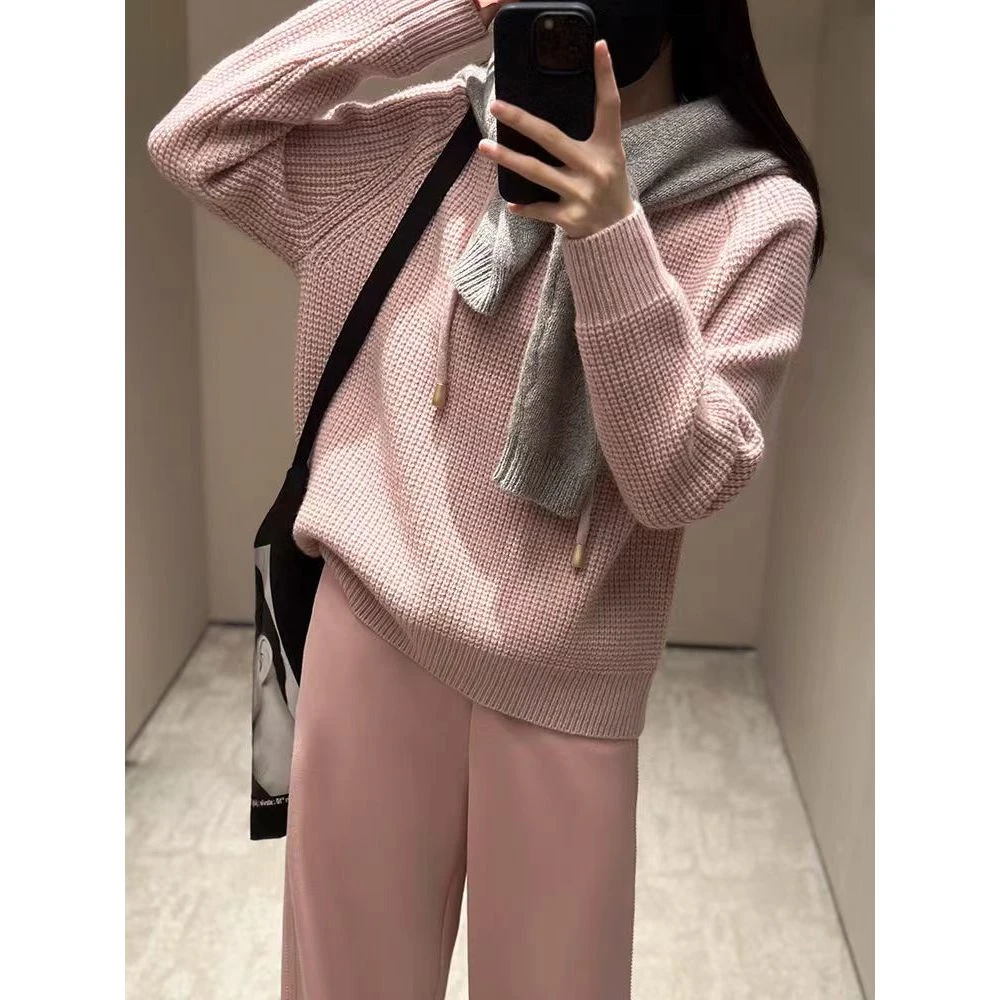 女式纯色元宝针厚款连帽子羊毛衫24053