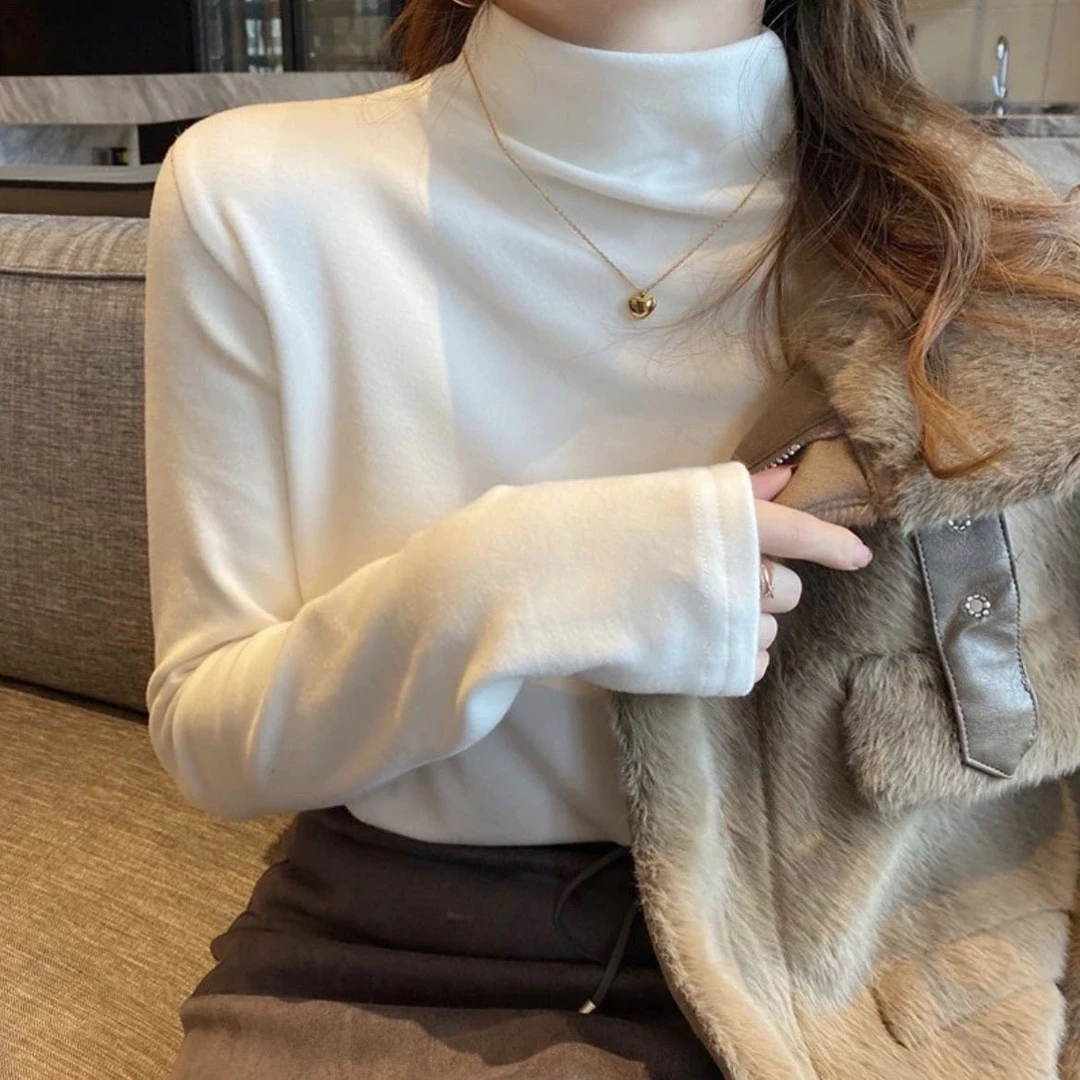 修身显加绒打底衫女保暖加绒半高领长袖上衣