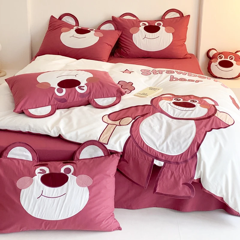 迪士尼草莓熊床上用品四件套卡通全棉水洗棉可爱男女孩被套三件套