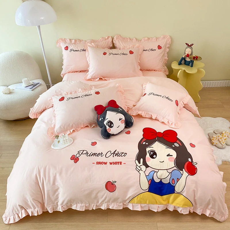 卡通儿童可爱全棉四件套迪士尼白雪公主少女心被套纯棉床单三件套