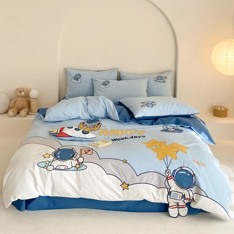 卡通宇航员60支纯棉水洗棉四件套儿童男孩全棉床单三件套火箭被套