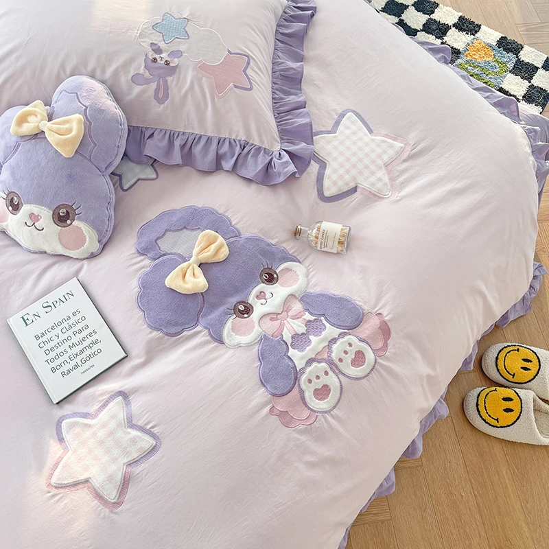 卡通风全棉水洗棉四件套少女心可爱兔子刺绣纯棉被套透气床上用品