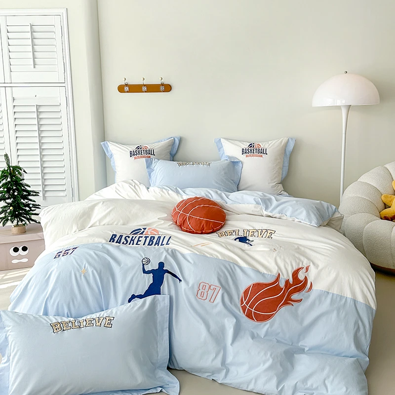 儿童四件套纯棉男孩子全棉水洗棉被套三件套可爱篮球主题床上用品