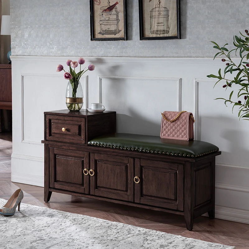 云笙美式实木换鞋凳鞋柜玄关家用可坐式防尘收纳凳入户门厅穿鞋凳