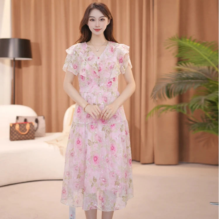 女装连衣裙碎花显瘦气质时尚夏季修身蕾丝中长款印花优雅国风