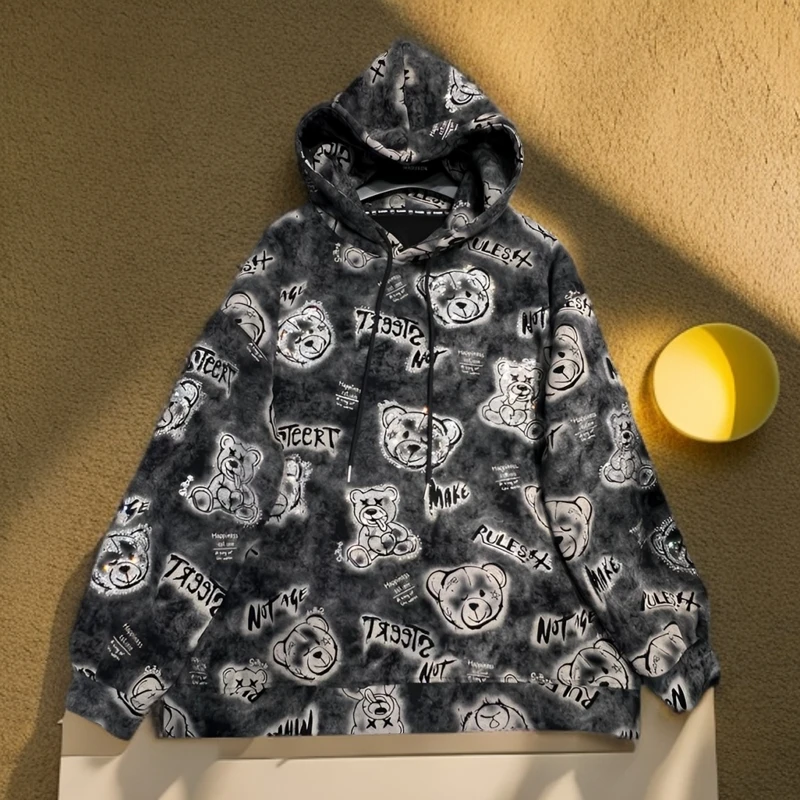 【合肥欢欢】86522#冬装扎染印花烫钻宽松休闲连帽加绒加厚卫衣女潮