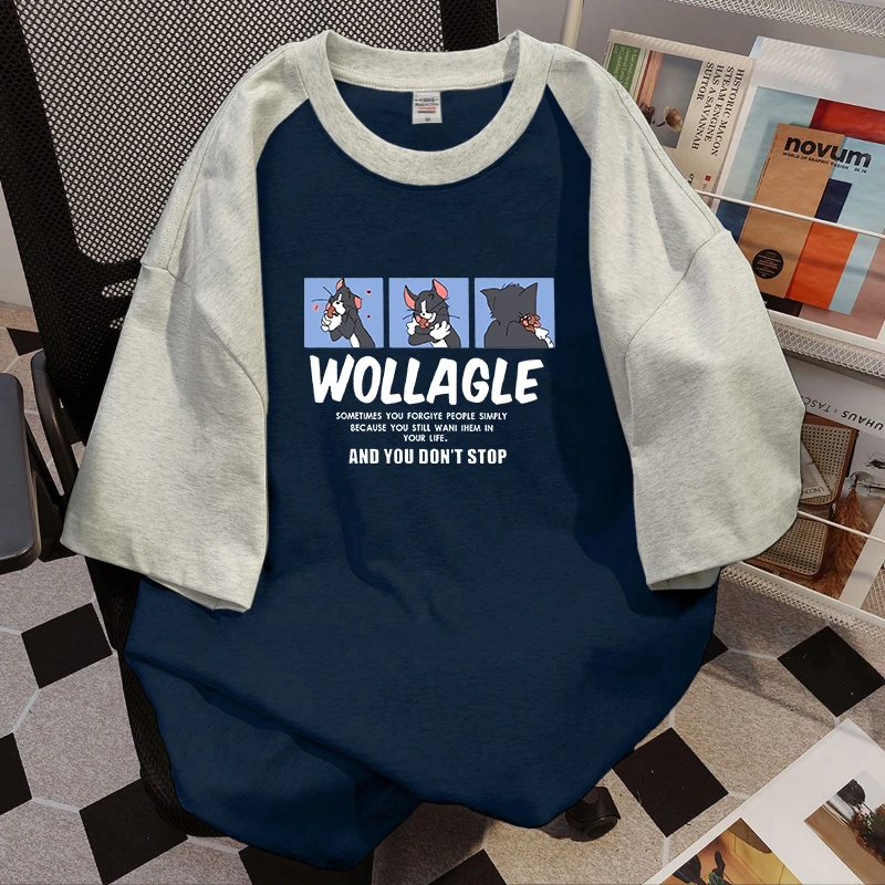 特大码2-300斤美式潮牌拼色短袖t恤男士夏季潮流圆领纯棉半袖体恤