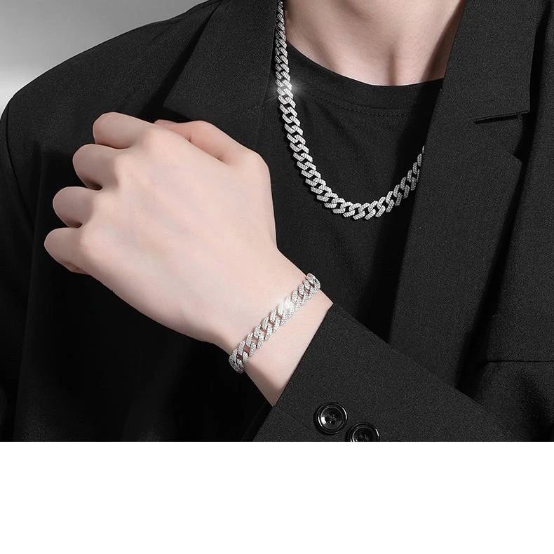 链子925银 满钻S925纯银古巴项链微镶锆石霸气高级感小众轻奢男士