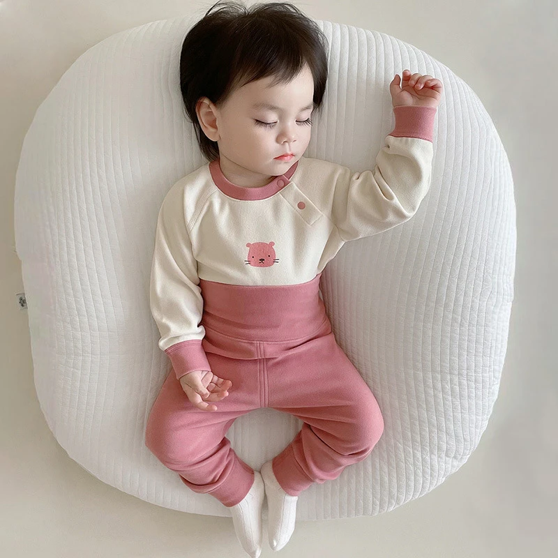 婴儿高腰护肚套装德绒无骨睡衣韩系保暖可爱内衣宝宝秋衣秋裤套装