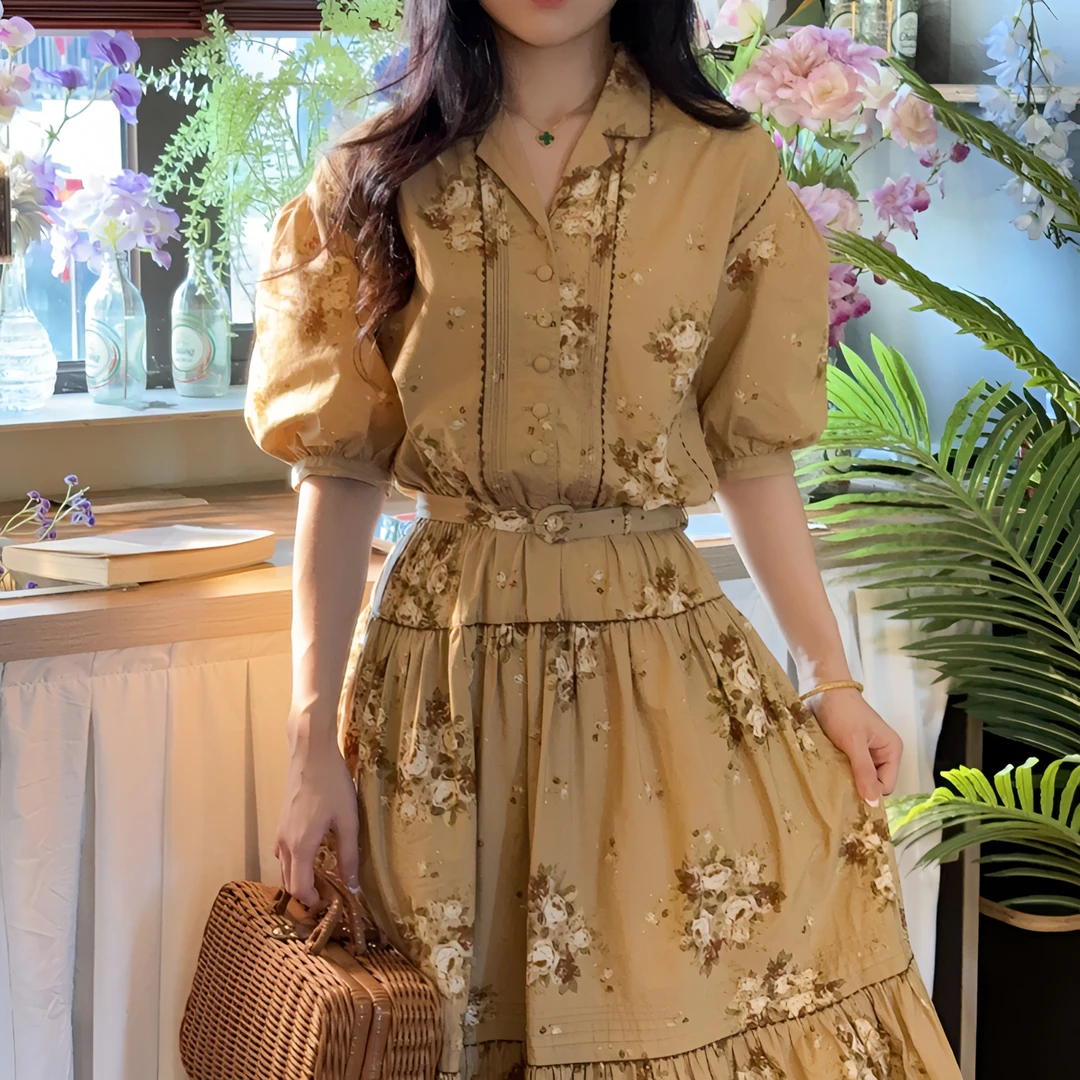 咪璐古着Vintage中古日制复古昭和女装连衣裙气质时尚碎花49-99