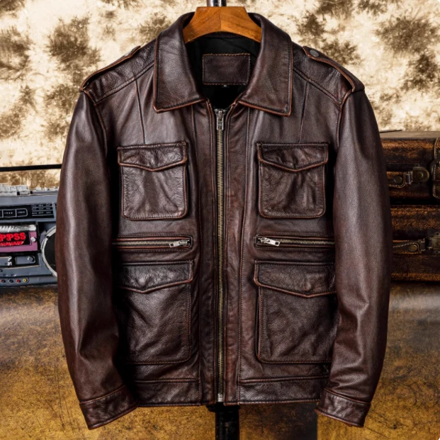 M65二代猎装工装 头层牛皮真皮皮衣男复古做旧翻领怀旧皮夹克外套