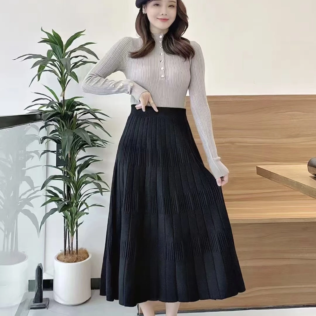 富益大姐大秋冬A字百褶垂感显瘦遮肚子高腰长款半身裙裙子百搭