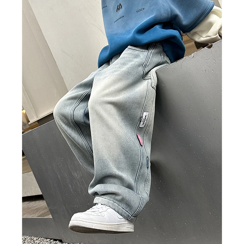 男童加绒裤子一体绒软牛仔裤2024新款儿童潮帅气时髦炸街秋冬长裤