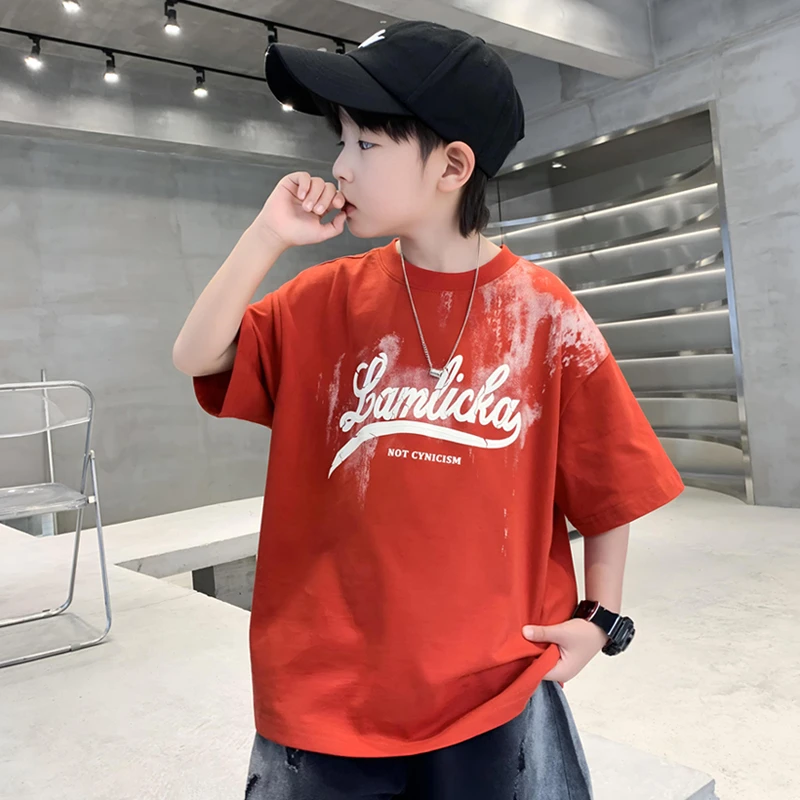 儿童装男童夏装纯棉短袖2025新款中大童夏季薄款T恤夏款男孩红色t