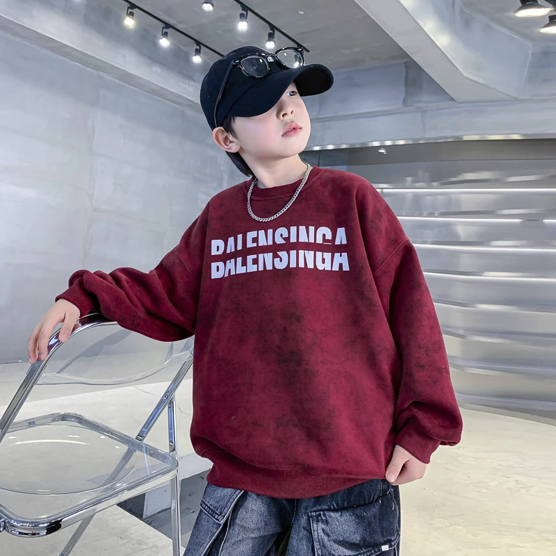 男童卫衣冬款红色宽松秋冬季新款儿童男孩中大童冬季加绒上衣潮牌