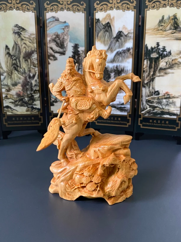 柏木关公骑马关二爷摆件家居客厅摆设实木雕刻高15cm