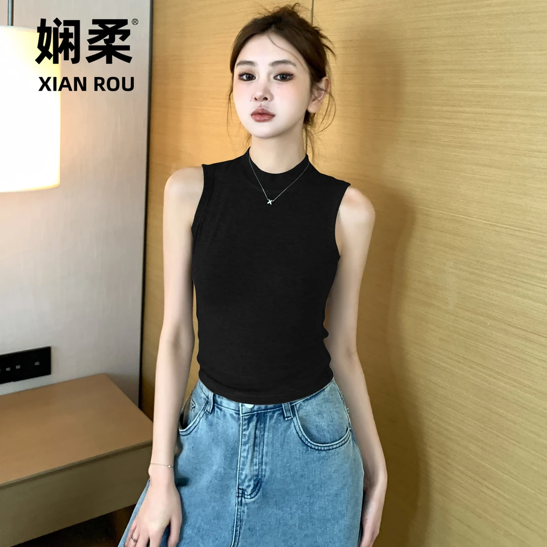 黑色螺纹吊带背心女夏2026新款内搭小高领短款露脐无袖打底上衣女