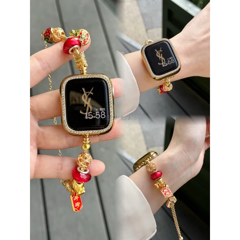 新年红适用苹果手表带Apple watch9金属小香风珠子女款iwatch87SE