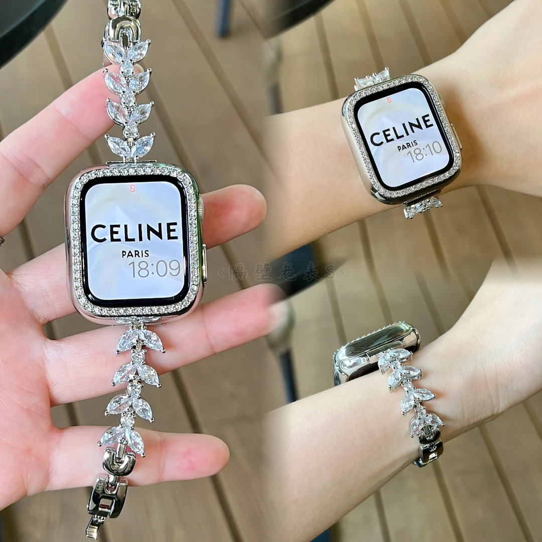 适用苹果手表带ApplewatchS11细鱼尾金属材质拼晧石iwatch7se36女