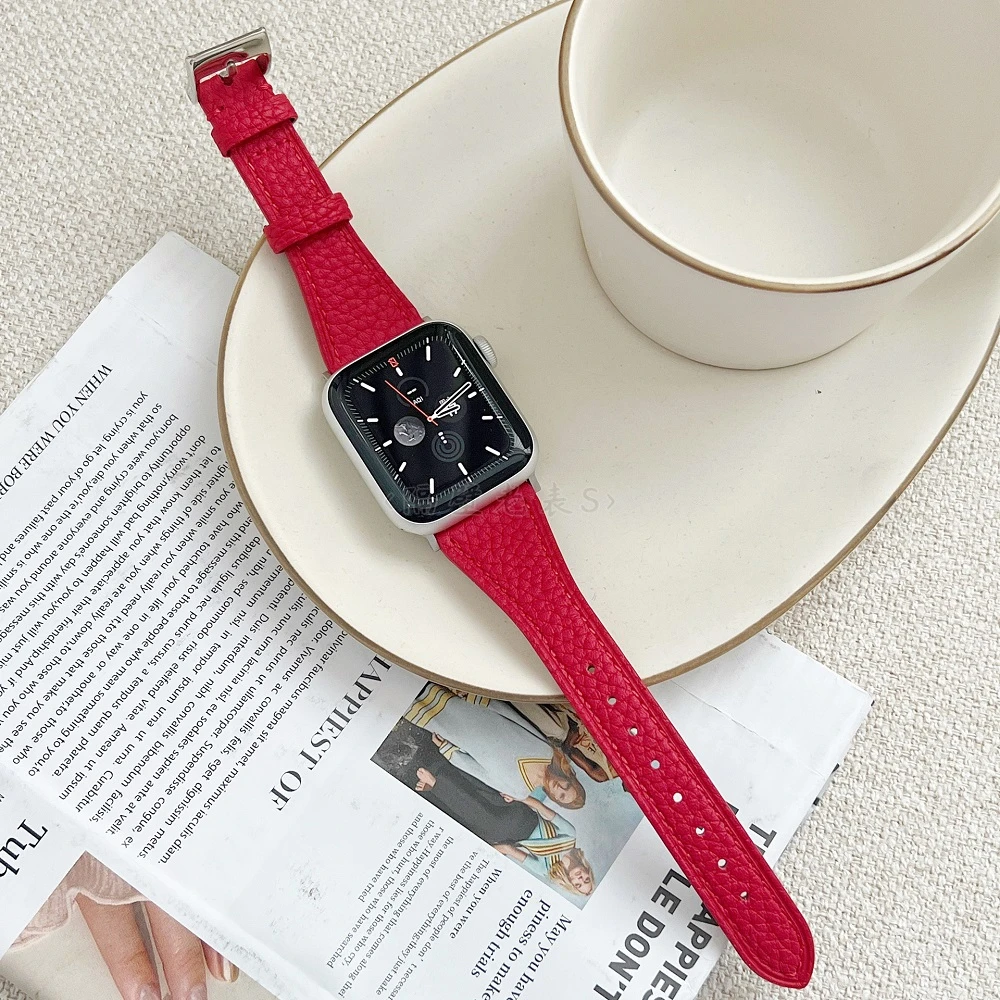 荔枝纹小蛮腰细款牛皮适用苹果手表表带ApplewatchS8红简约7SE女
