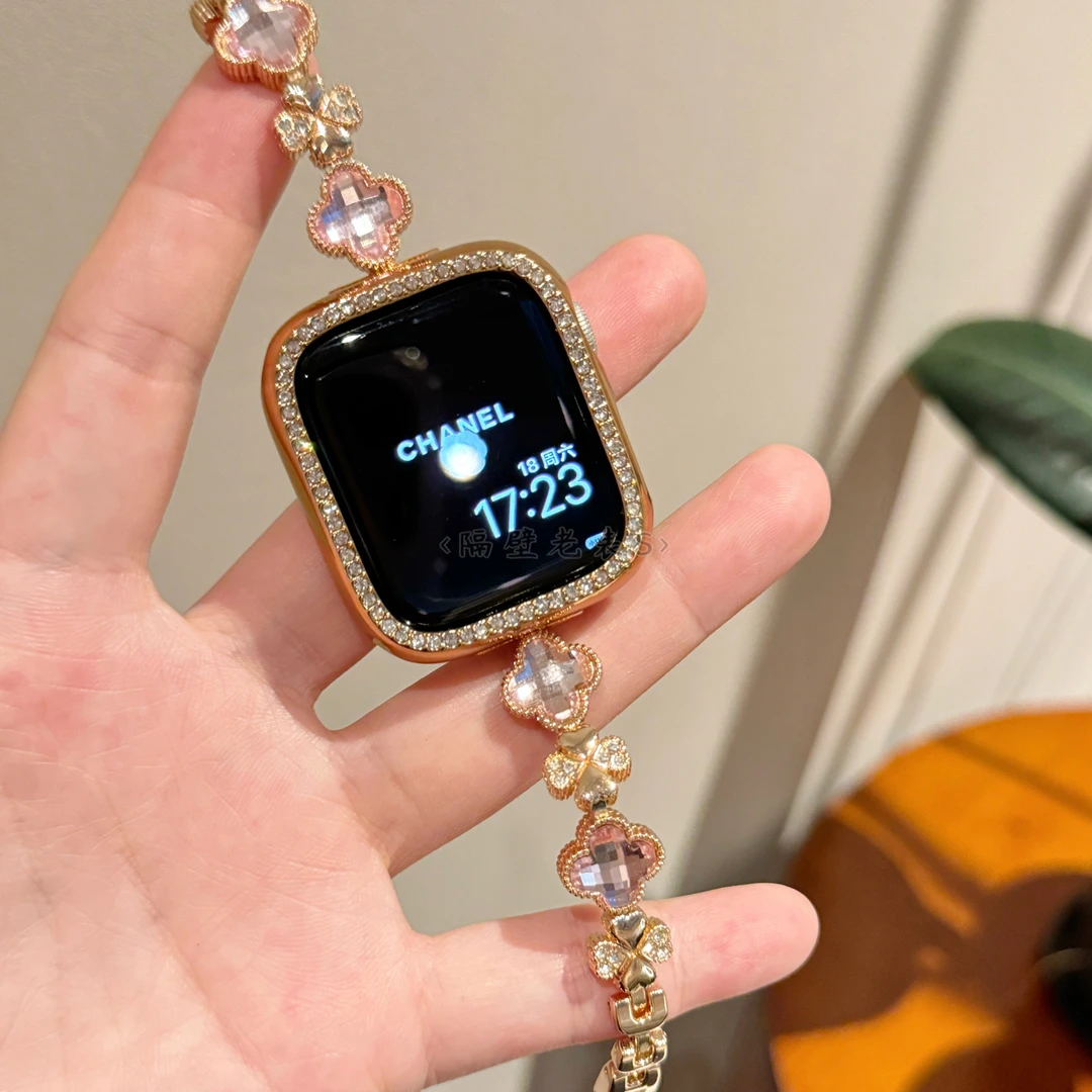 适用苹果手表带Apple watch四叶细款金属链条精致iwatch98SE2夏天