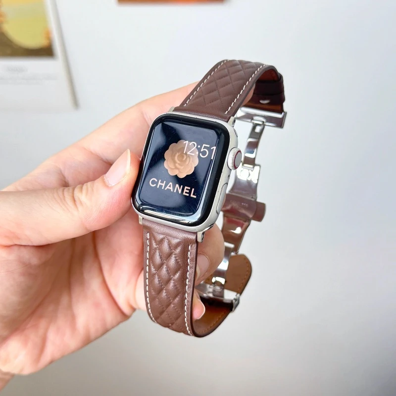 适用apple watchSE3苹果手表带菱格真皮蝴蝶扣iwatch1198百搭商务