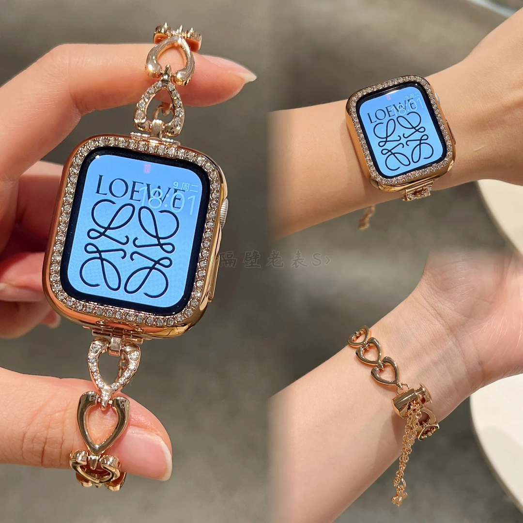 细款爱心金属镶钻手链适用苹果手表带Applewatch8简约iwatch7se女