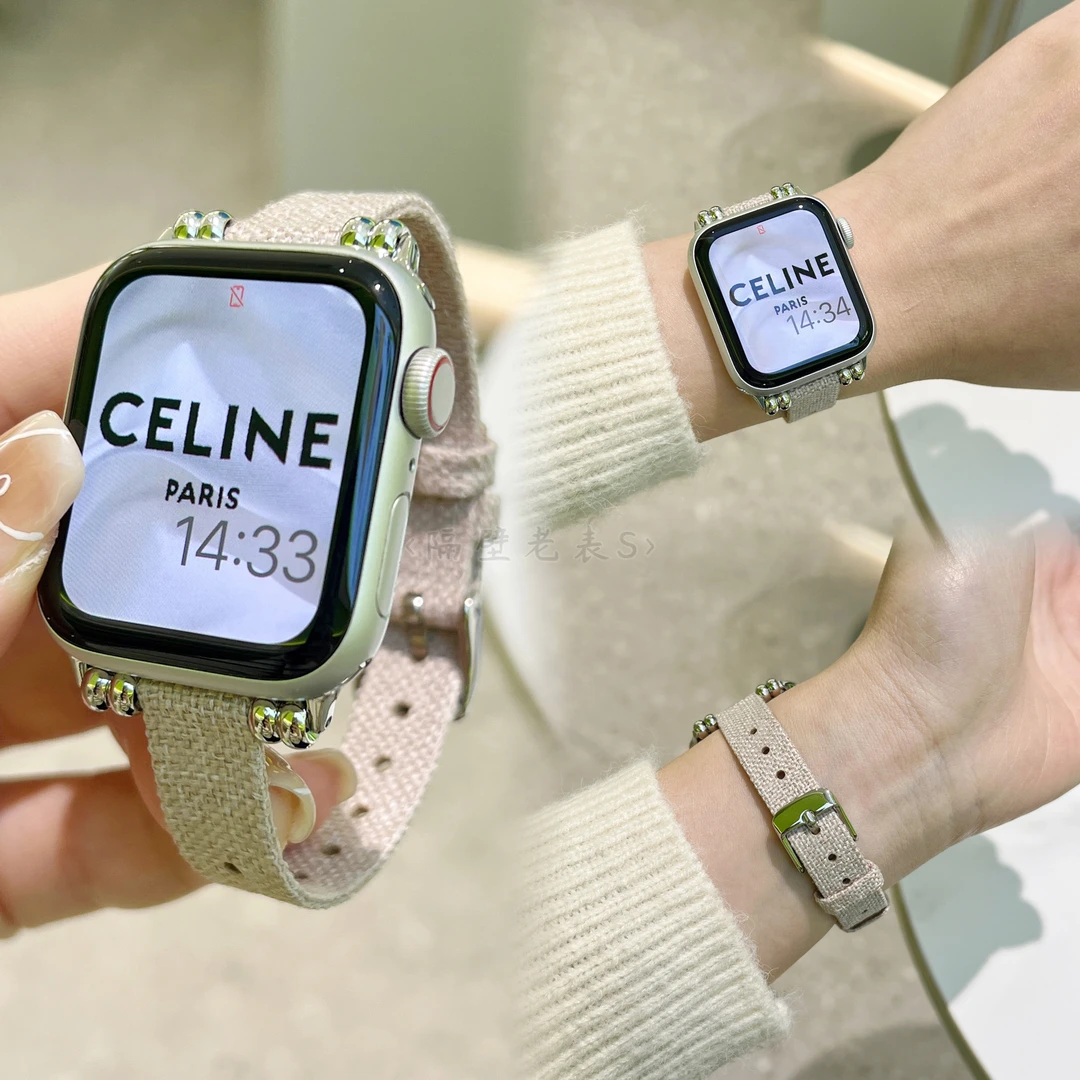 适用苹果手表带Applewatch8帆布细款带珠iwatch76se25夏秋百搭女
