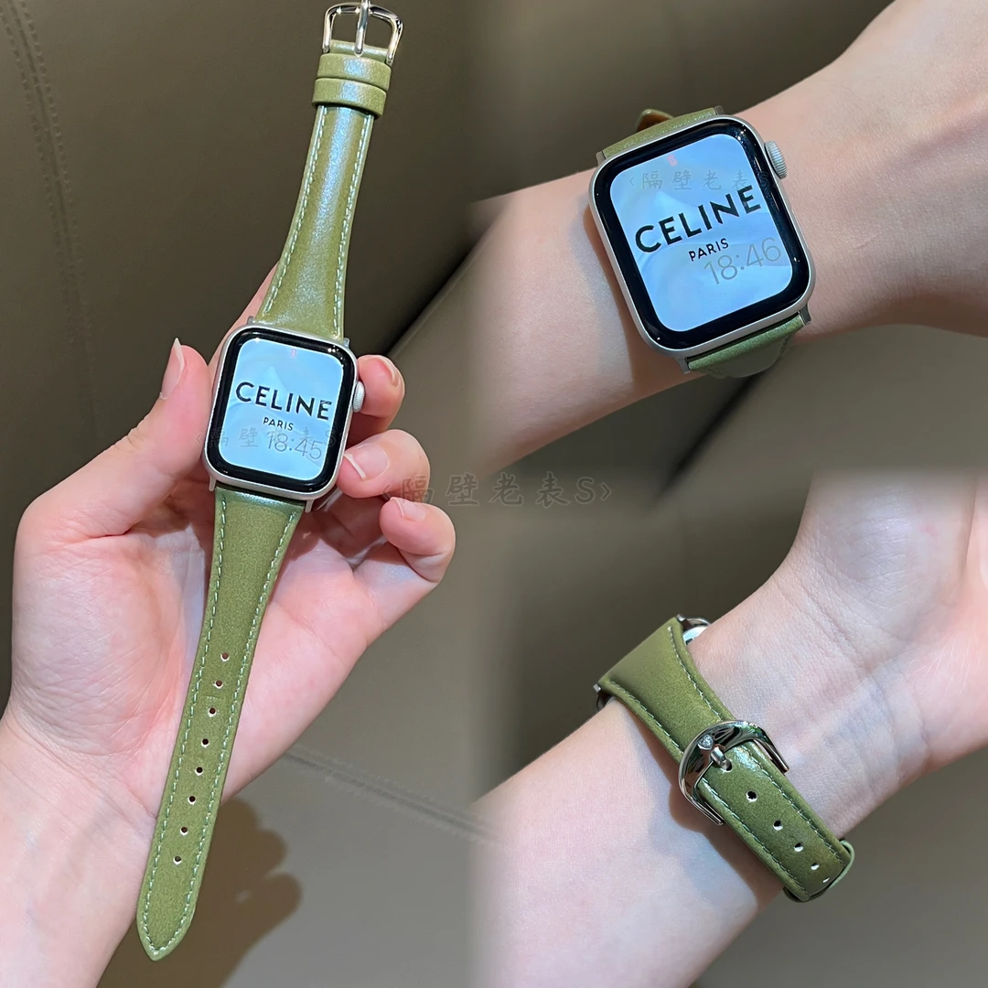 适用苹果手表带Applewatch8小众复古小牛皮瘦身细iwatch765se2女