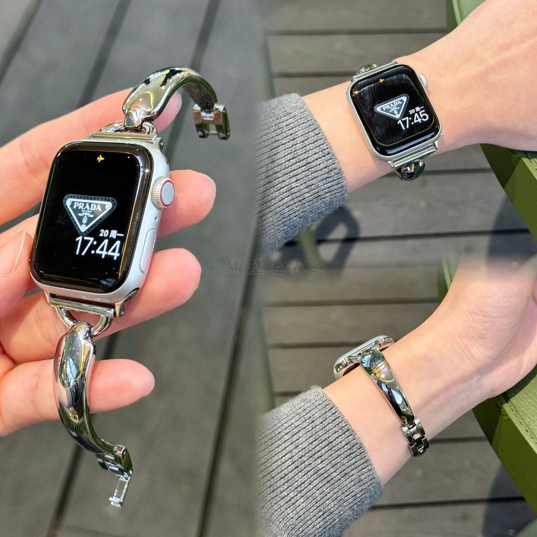 弯形金属手镯式适用苹果手表带ApplewatchS9简约百搭星光iwatch8S